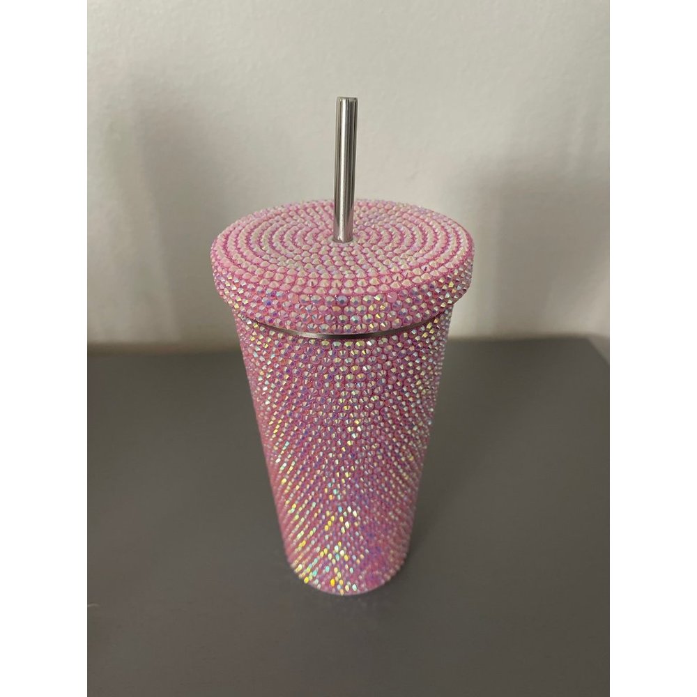 NEW PINK RHINESTONES CUP VALENTINES DAY TUMBLER NEVER USED COMES WITH BOX